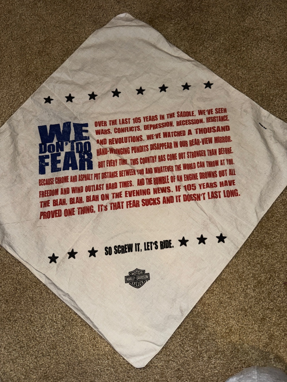 Harley Davidson 105th Anniversary 2008 We Don’t Do Fear Bandana Scarf